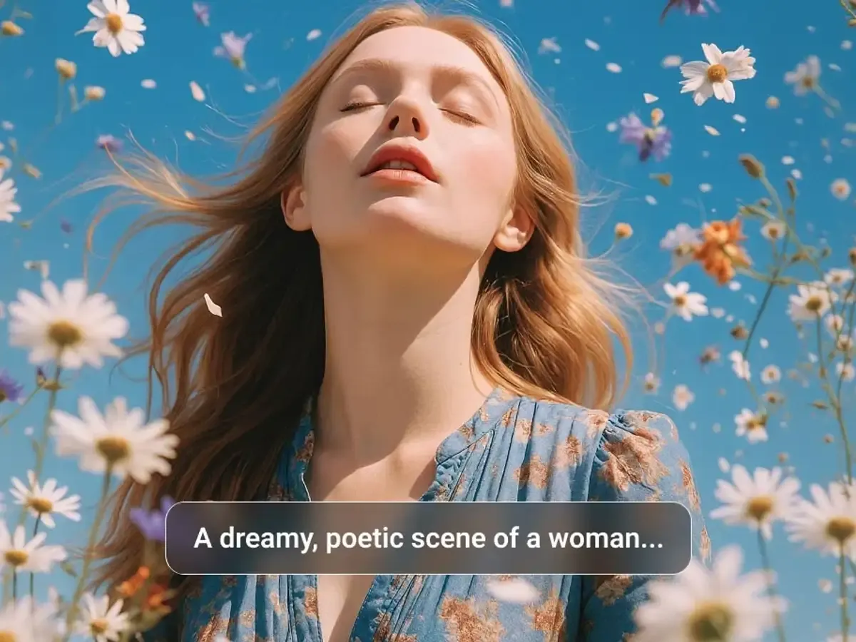 Flow Image prompt caption over a finished picture of a woman among floating daisies